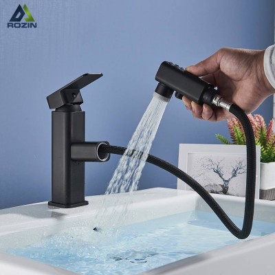 Rozin Basin Faucet Bathroom Black Single Handle Pull Out Spray Sink Tap Hot And Cold Water Crane Deck Mount Two Mode Faucet