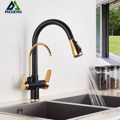 Luxury Black Gold Filtered Crane For Kitchen Pull Out Spray 360 Rotation Water Filter Tap Three Ways Sink Mixer Kitchen Faucet