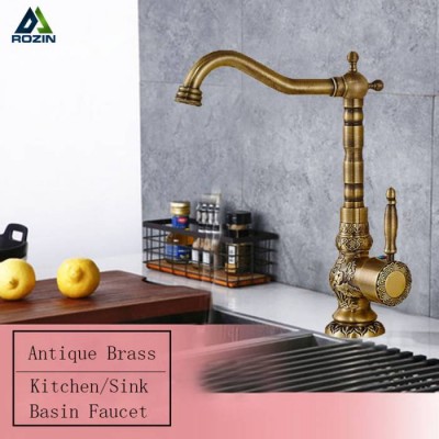 Antique Brass Deck Mounted Swivel Neck Bathroom Kitchen Basin Faucet Hot and Cold Water Crane One Hole Single Handle Sink Tap