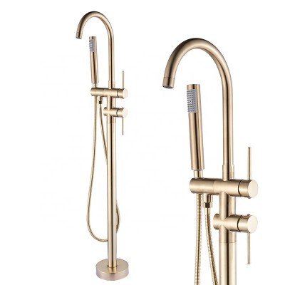 Luxury Brushed Gold Bathroom Tub Mixer Faucet Dual Handle High Arc Spout Bathtub Tap Floor Standing Mounted ABS Handheld Shower