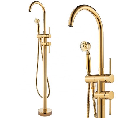 Commercial Luxury Golden Dual Handle Mixer Bath Tub Filler Faucet Brass Handshower Floor Standing Bathtub Shower Faucet