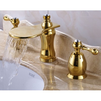 Luxury Gold Finish Waterfall Spout Widespread 3PCS Bathtub Basin Faucet Dual Handles Mixer Tap