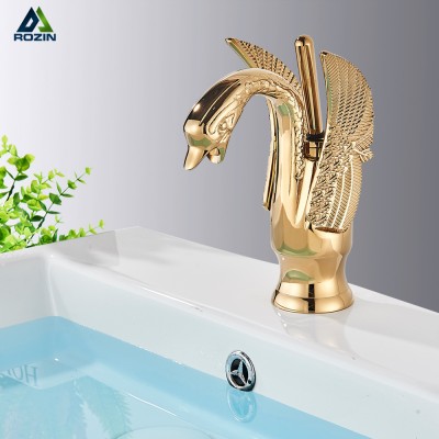 Rozin Luxury Swan Shape Brass Basin Sink Faucet Bathroom Single Hole Centerset Basin Mixer Tap Gold Finish Swan Faucet