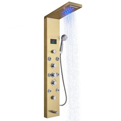 Gold Nickel Digital Shower Panel Column LED Rain Waterfall Shower Massage SPA Jets Tub Spout 3 Handles Mixer Tap Digital