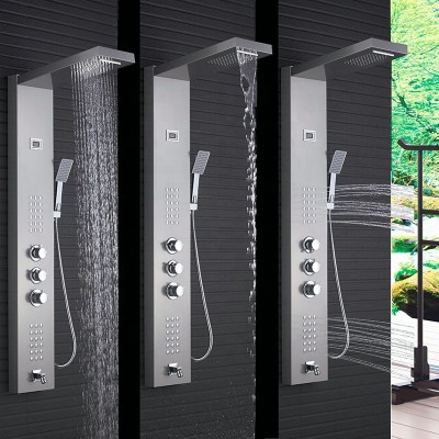 Bathroom Thermostatic Waterfall Rain Square Shower Column Panel Massage Jets Tub Hand Shower Mixer Set