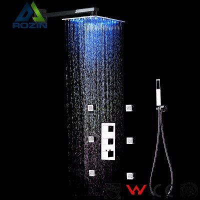 LED Light Thermostatic Shower Faucets Color Chang 16'' Shower Head Rotate Massage Spray Jets Shower Mixer System with Handshower