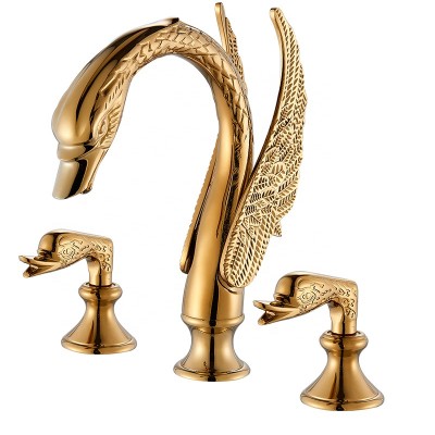 Rozin Luxury Golden Swan Bathroom Basin Faucet Mixer Wash Water Tap 3 Pcs Faucets Set Dual Handle Deck Mount Widespread