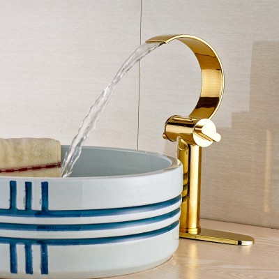 Deck Mount Gold-plate Waterfall Bathroom Sink Basin Water Taps Dual Handles with Hot and Cold Water + 10" Decrate Cover