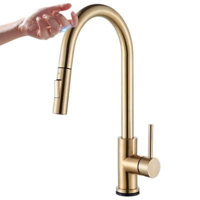 Water Saving Tap Automatic Touch Sensor Pull Out Sprayer Luxury Brushed Gold High Arc Kitchen Faucet Deck Mounted Single Handle