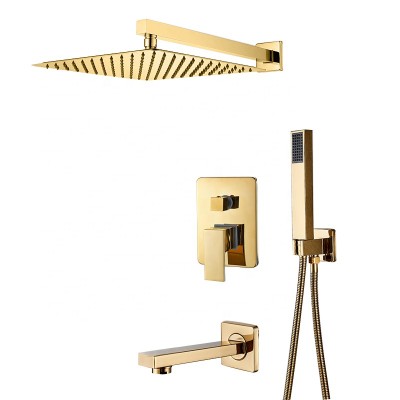 Wall Mount Golden Shower Faucets Set Ultrathin Rainfall Gold Shower Hot Cold Water Mixer Tap Bathroom Gold Shower Kit