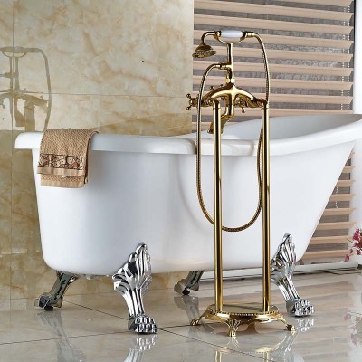 Bathroom Golden Freestanding Floor Mount Tub Faucet Shower Mixer Tap Brass With Hand Shower