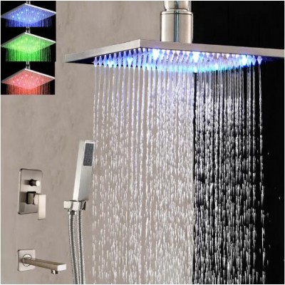 Ceiling Mounted Nickel Brushed LED16 Inch Light Square Rain Shower Head Faucet Tub Spout Hand Shower Mixer Tap