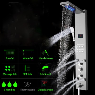 LED Shower Column Panel Rain Waterfall Shower Temperature Screen Massage SPA Jet Three Handles Mixer Tap Sink Faucet Set