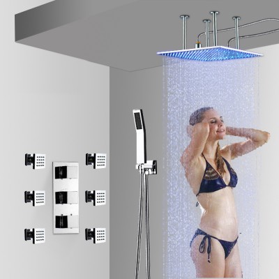 Ceiling Mounted Bathroom LED Shower Head Big Rainfall Bath Faucet Set with Hand Spray and Body Jets