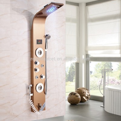 Rose Golden LED Light Waterfall Shower Panel Column with Back Body Jets Hand Spray