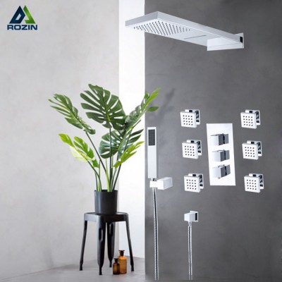 Rozin Chrome Thermostatic Shower Faucets Set Rain Waterfall Shower 6pcs Spa Jets 4-way Thermostatic Mixer Tap Bath Shower Kit